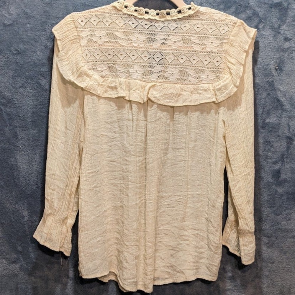 Cottagecore Lace Bib Blouse Cream Crinkle Gauze Ruffle Collar Ribbon Tie Boho - Picture 2 of 13